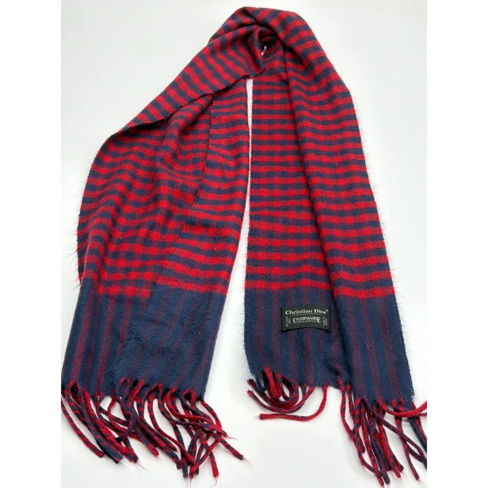 Christian Dior Scarf Mens Red Navy Blue Checkered Cashmaire‎ Acrylic Japan